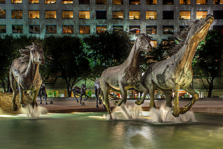 Closeup of the sculpture Mustangs at Las Colinas in Irving, TX