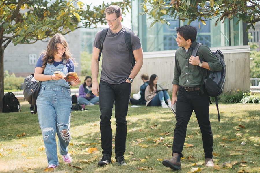 Three students chat in Regent's park. One is holding a book and the others look interested.
