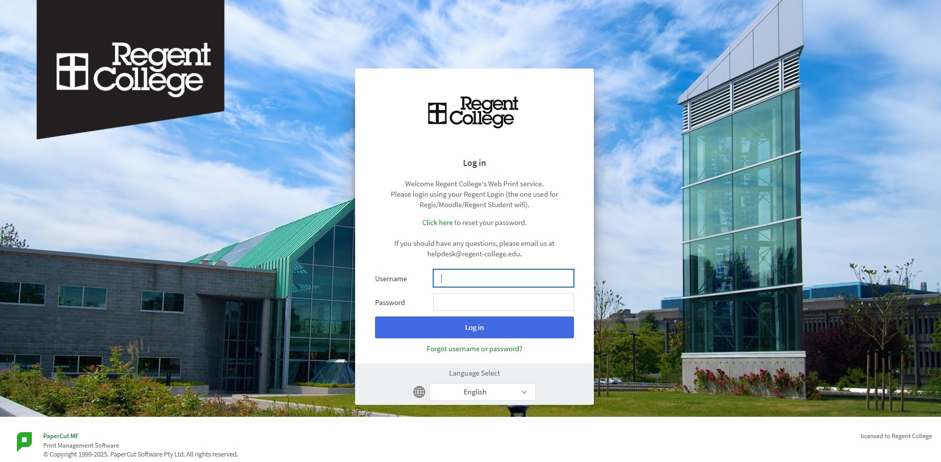 A screenshot of the login page for PaperCut web printing