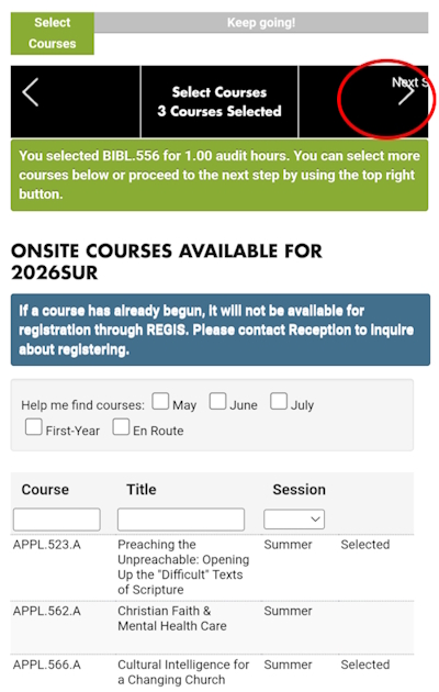 REGIS mobile screenshot: Finished selecting courses