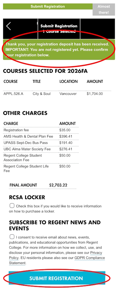 REGIS mobile screenshot: Submit Registration