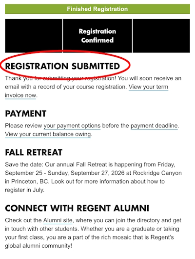 REGIS mobile screenshot: Registration confirmation page