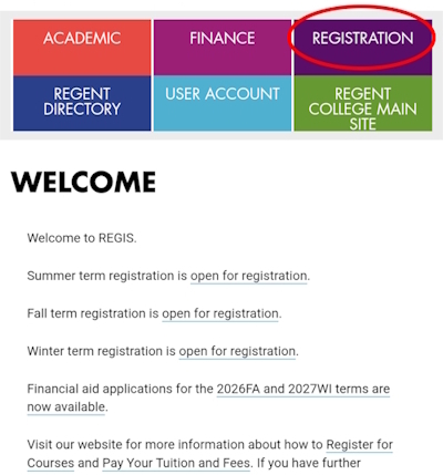 REGIS mobile screenshot: Navigate to Registration