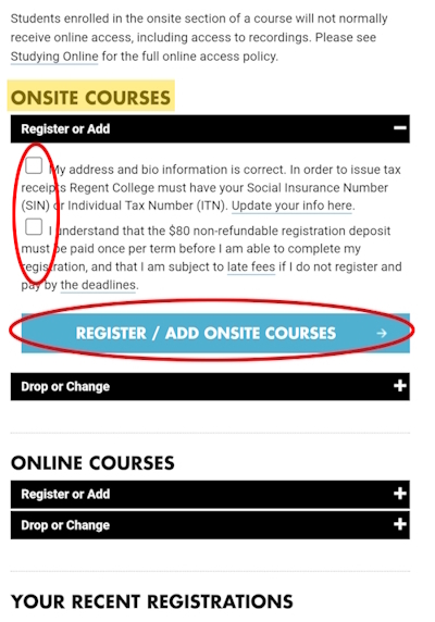 REGIS mobile screenshot: Onsite courses
