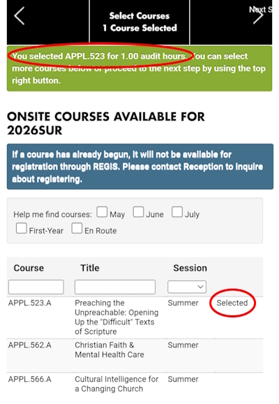 REGIS mobile screenshot: Course selected