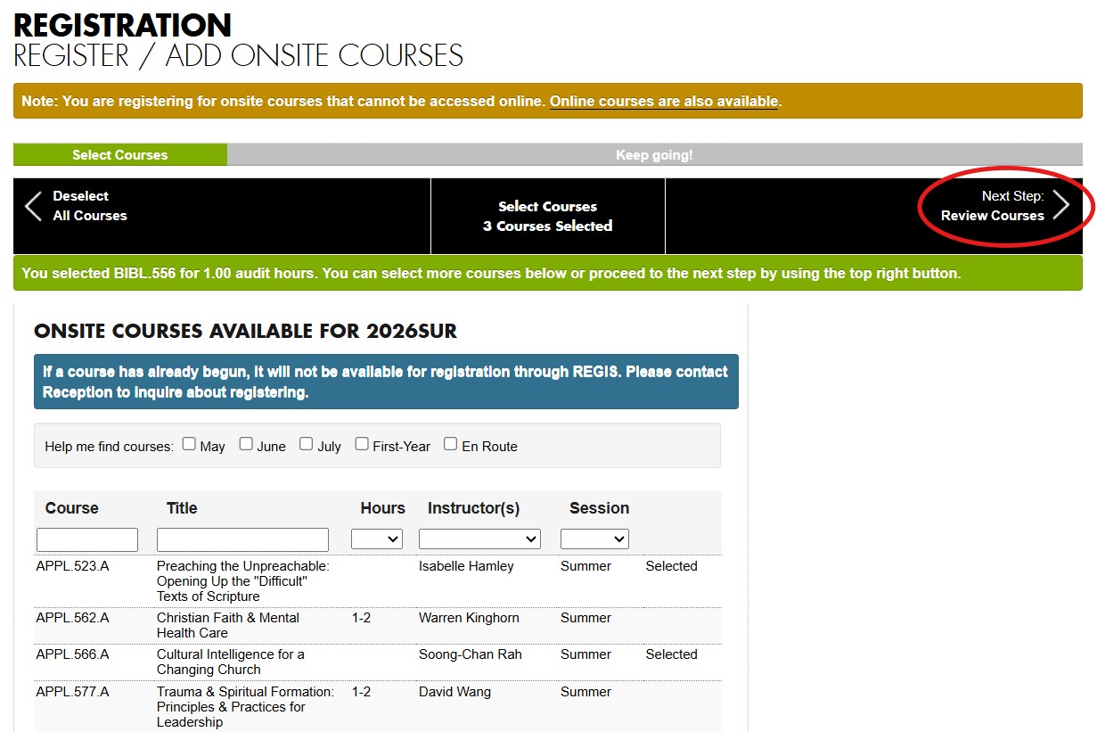 REGIS screenshot: Finished selecting courses