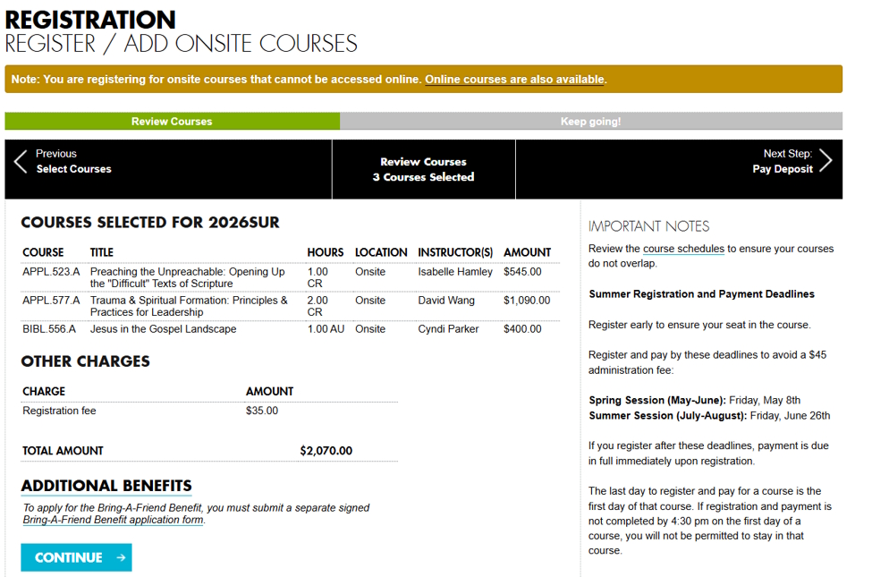 REGIS screenshot: Review selected courses