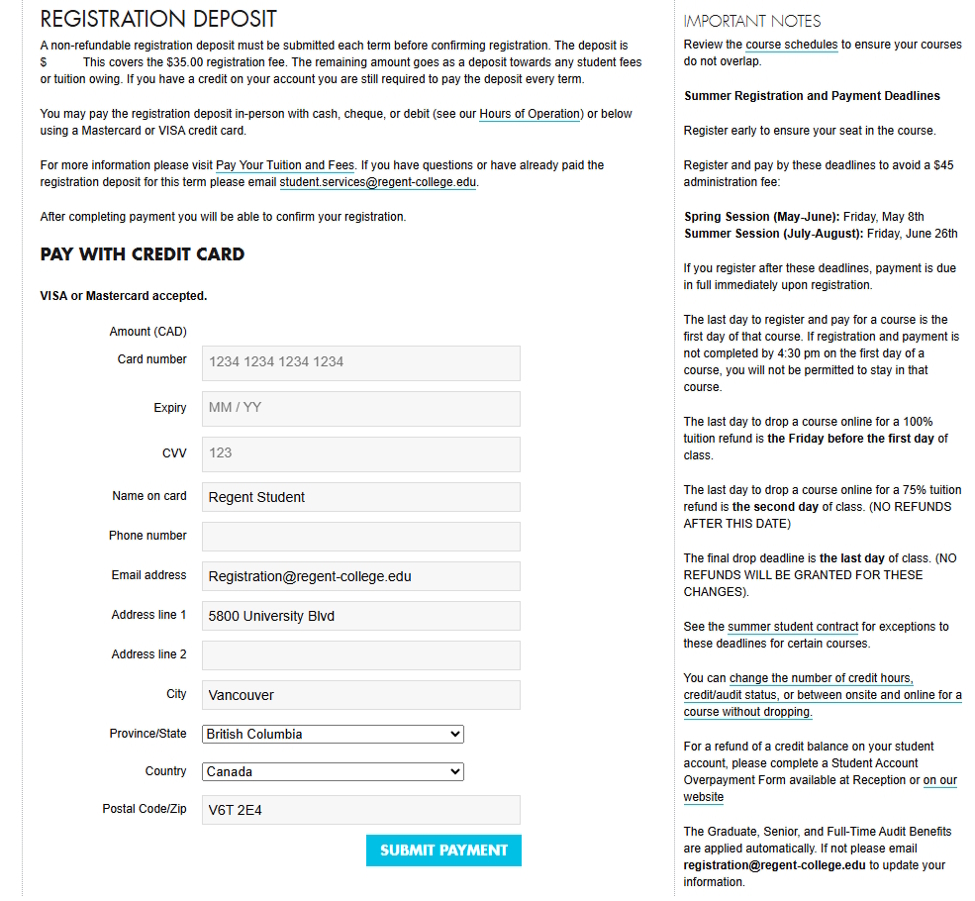 REGIS screenshot: Enter payment information