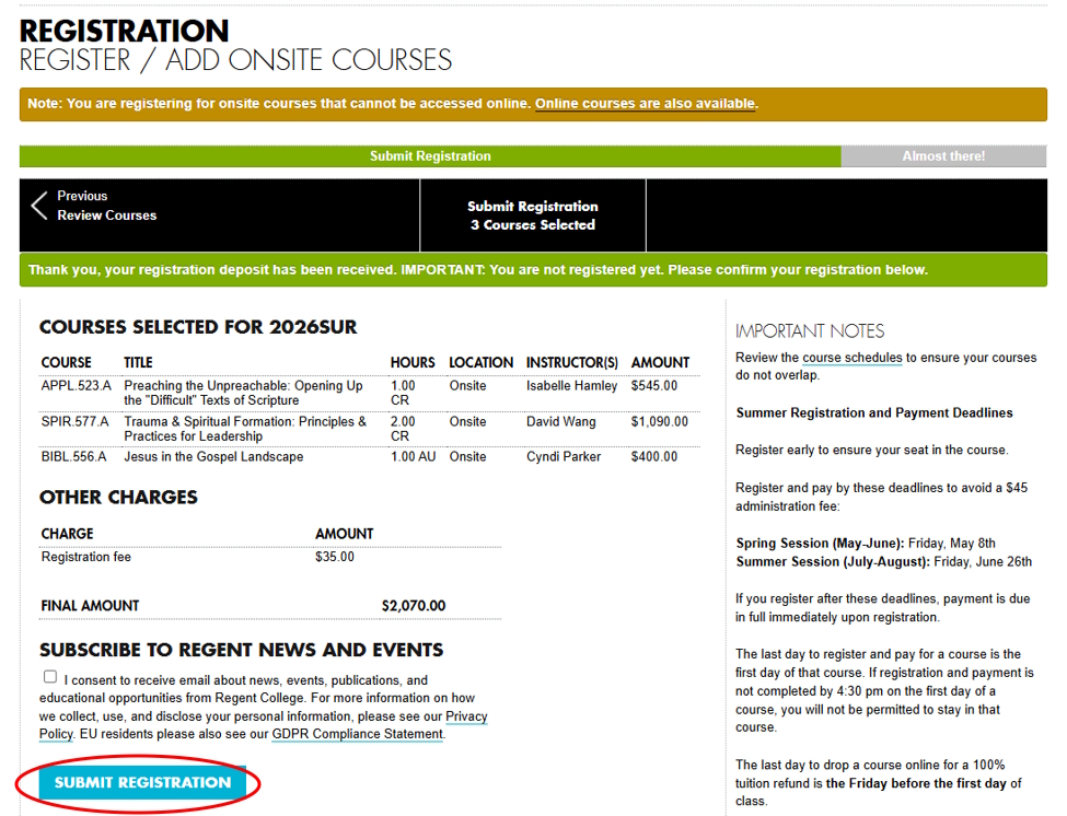 REGIS screenshot: Submit your registration