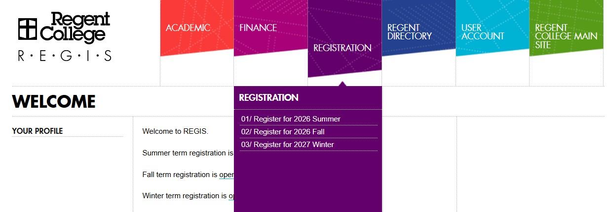 REGIS screenshot: Navigate to Registration options