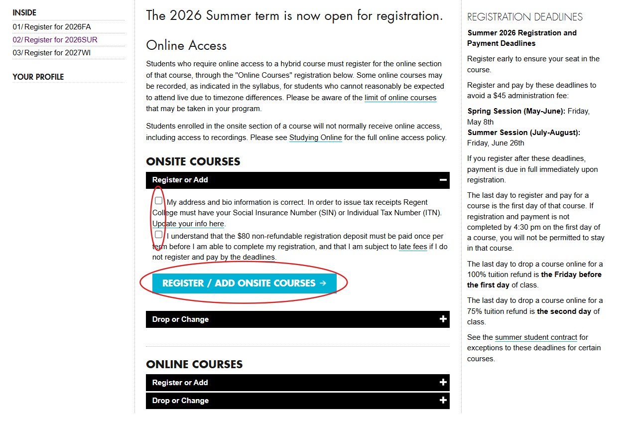 REGIS screenshot: Register for onsite courses