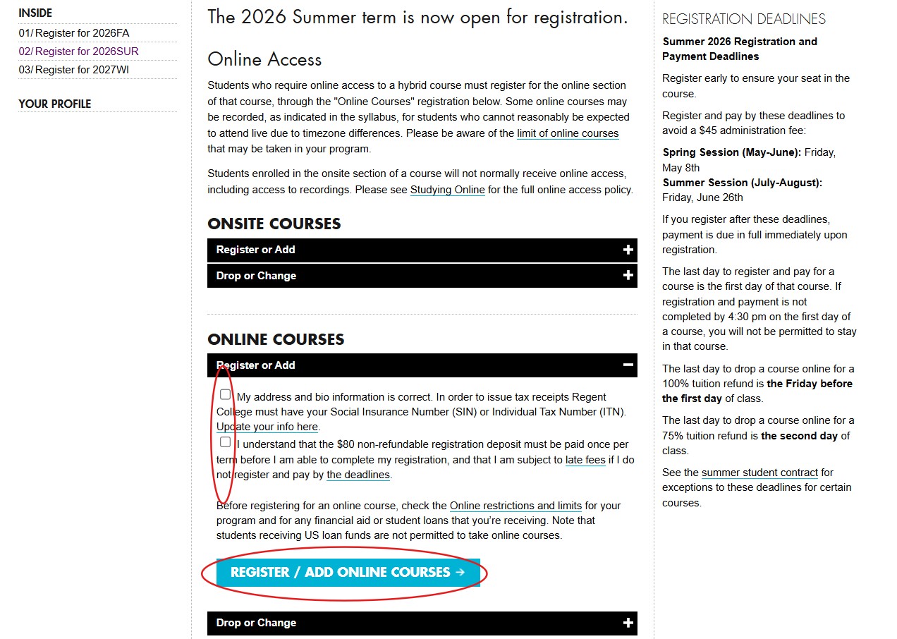 REGIS screenshot: Register for online courses