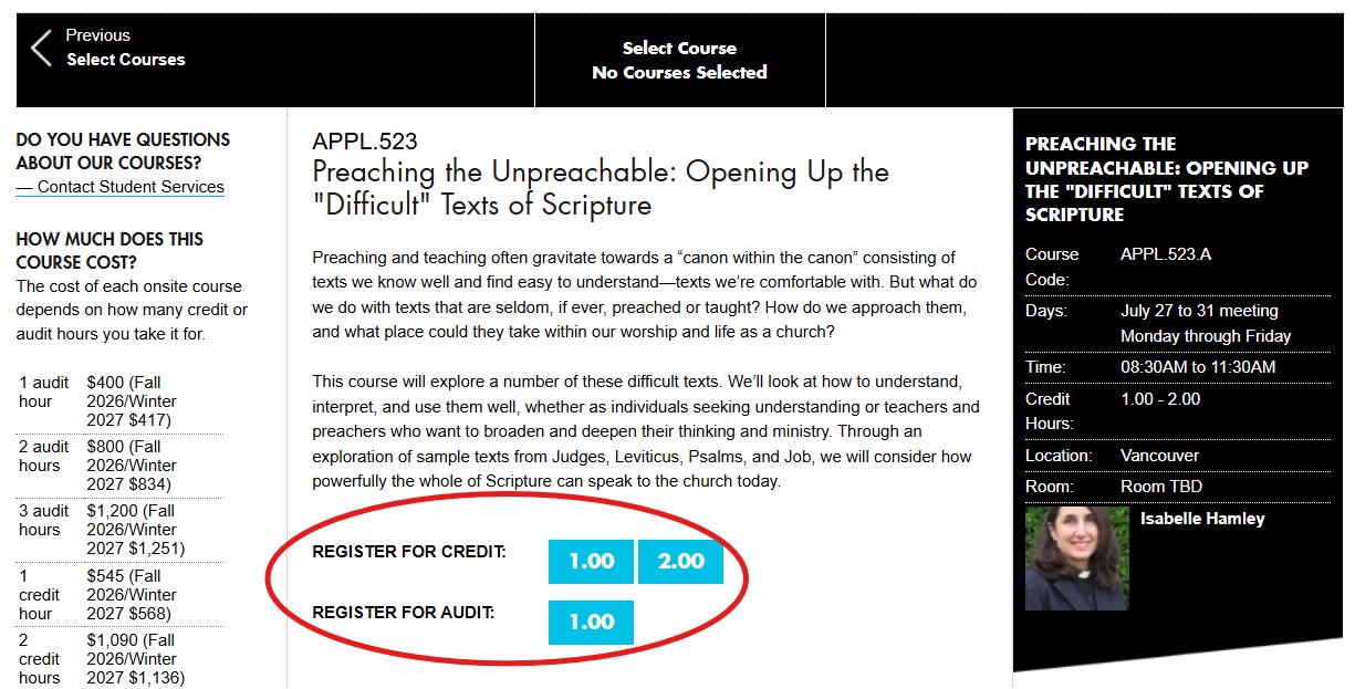 REGIS screenshot: Add course for credit or audit