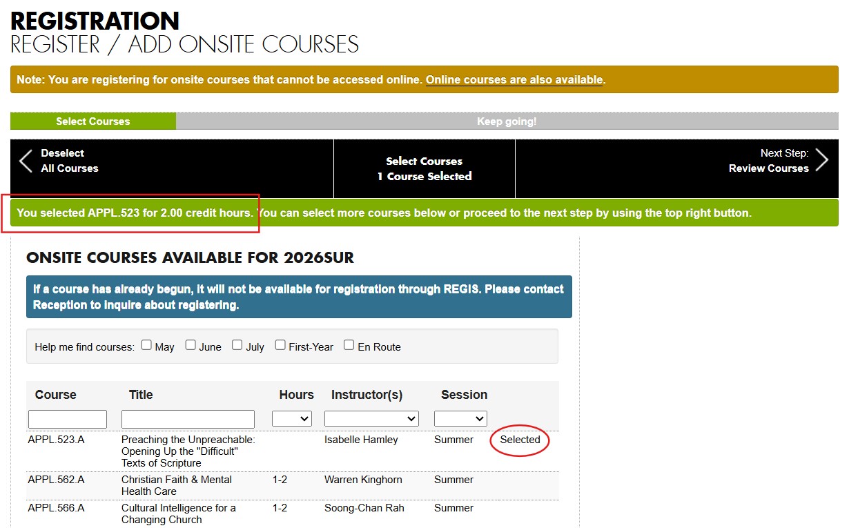 REGIS screenshot: Course list with one selected