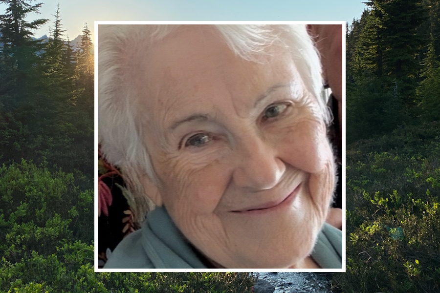 Portrait of poet Luci Shaw (1928–2025), against a background image of mountains near Bellingham, WA
