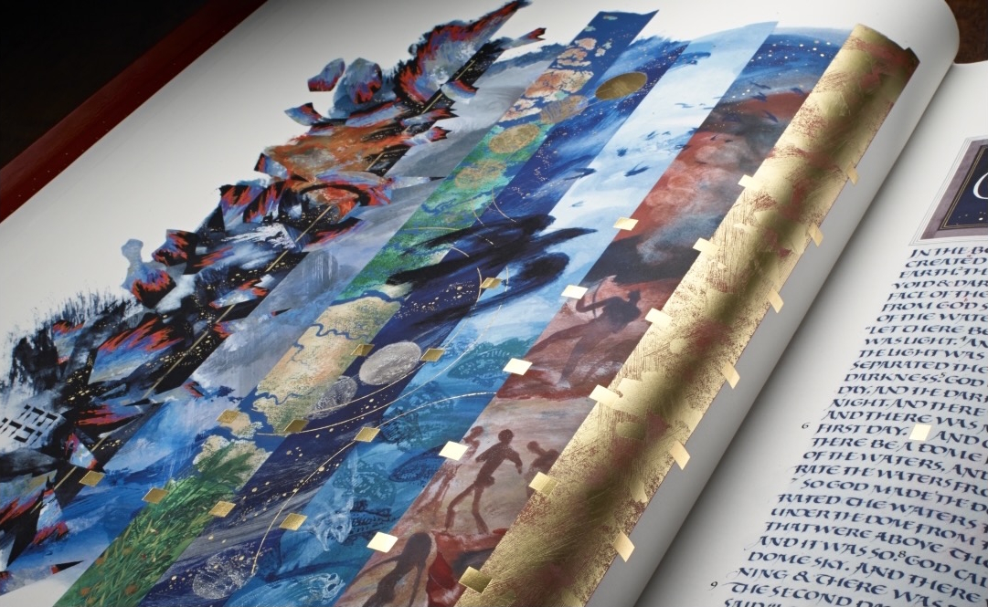 An abstract representation of the six days of creation and the Sabbath illuminates the opening pages of The Saint John’s Bible.